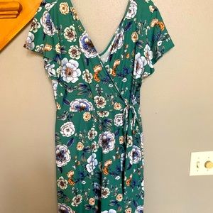 Kaileigh teal floral knit faux wrap dress